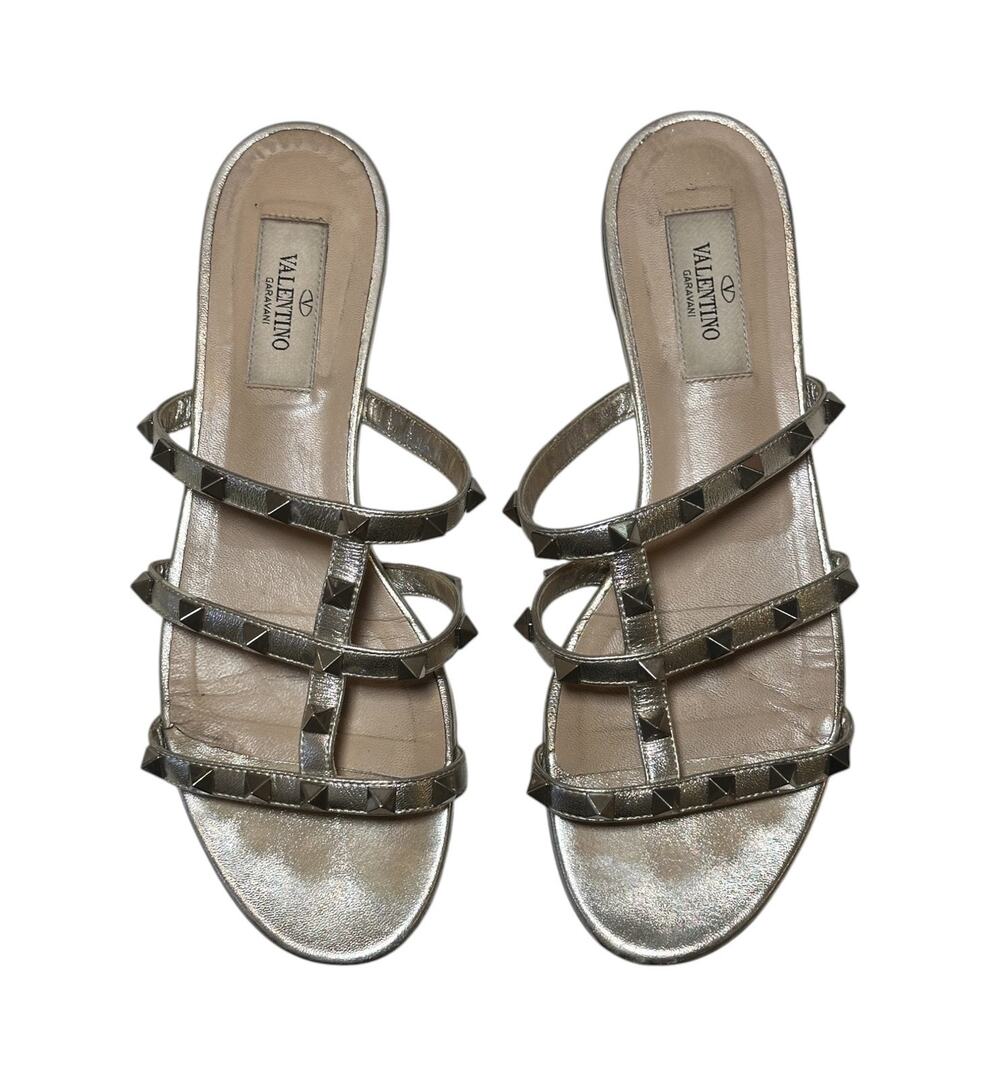 Valentino Garavani Rockstud Pewter Metallic Leather Caged Flat Slide Sandals 37